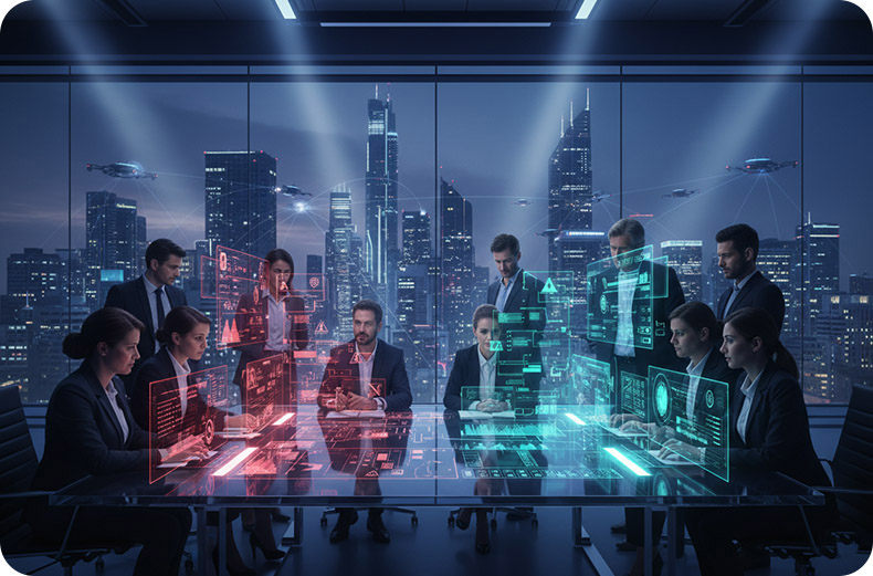 AI strategy meeting with business professionals analyzing data dashboards and digital interfaces to plan successful AI implementation