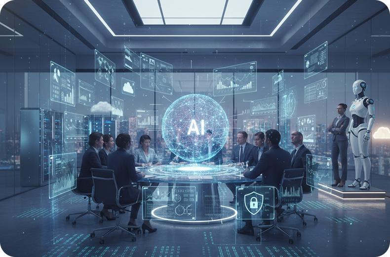 AI-powered business meeting with executives analyzing data dashboards and artificial intelligence strategy in a futuristic boardroom