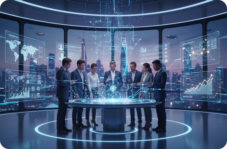 Business professionals analyzing AI data on a futuristic digital interface to identify high-impact opportunities and drive strategic decision-making