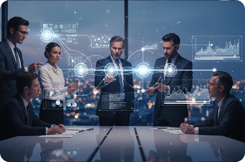 Business professionals collaborating with AI-powered data interfaces to plan and execute a strategic AI roadmap for business growth