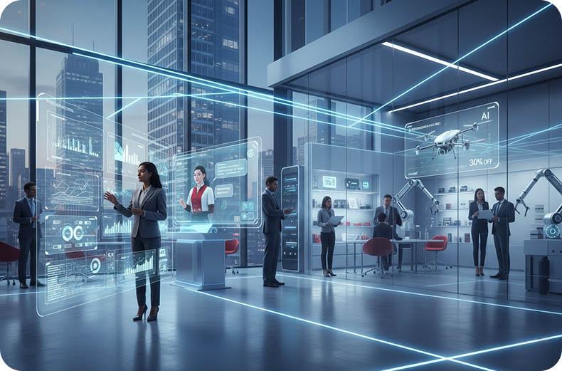 AI-powered smart office with professionals using digital dashboards, automation systems, and analytics to improve business efficiency