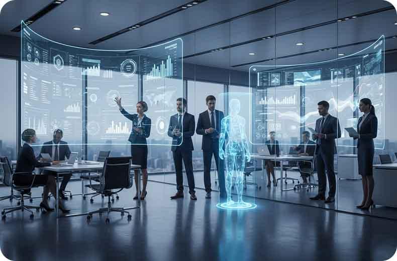 Business professionals collaborating with AI technology in a futuristic office using holographic dashboards and data analytics to drive business innovation and digital transformation in 2026.
