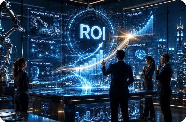 Futuristic AI-powered business analytics dashboard displaying ROI growth, automation, productivity, revenue insights, and digital transformation metrics with executives analyzing artificial intelligence performance in a modern corporate environment.