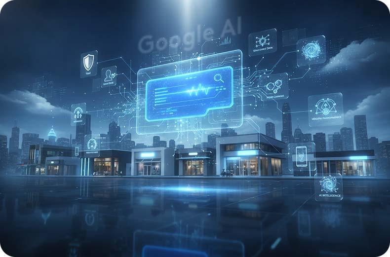 Futuristic cityscape with Google AI holographic interface overlays showing AI Overviews technology, digital search icons, and business analytics floating above modern urban buildings at night