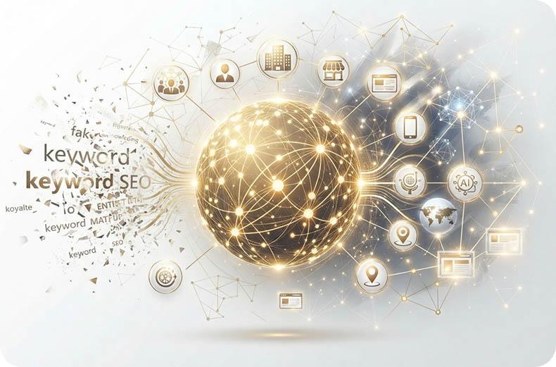 Glowing golden network sphere surrounded by SEO icons including AI, location markers, mobile devices, and keyword text, representing entity-based search optimization and digital connectivity