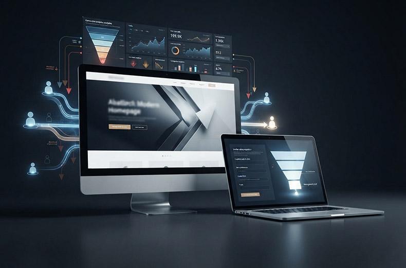 Desktop monitor and laptop displaying website analytics dashboard with conversion funnels, user journey flowcharts, and performance metrics on a dark background