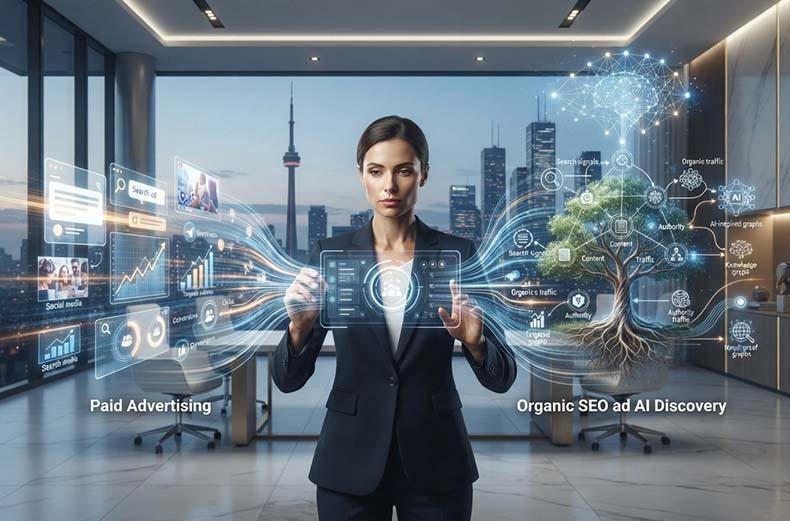 Toronto businesswoman balancing paid advertising dashboards and an organic SEO & AI discovery tree before the CN Tower skyline.