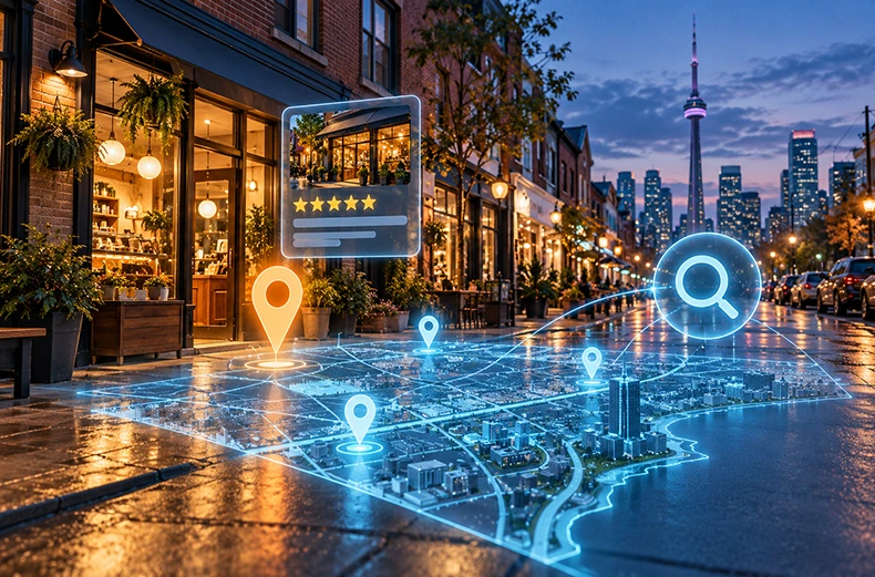 Toronto storefronts with a glowing digital map, location pins and a review card illustrating local business discovery.